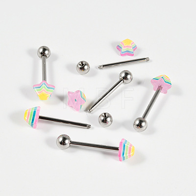 304 Stainless Steel & Resin Colorful Star Straight Barbell 15 Gauge Piercing Tongue Rings for Women Men WGB9B34-01-1