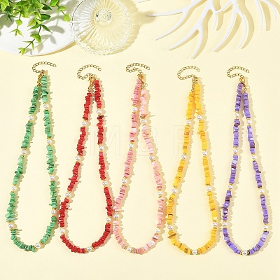 Dyed Natural Freshwater Shell Chip Beads & White Round Shell Pearl Beaded Necklaces NJEW-JN06402-1