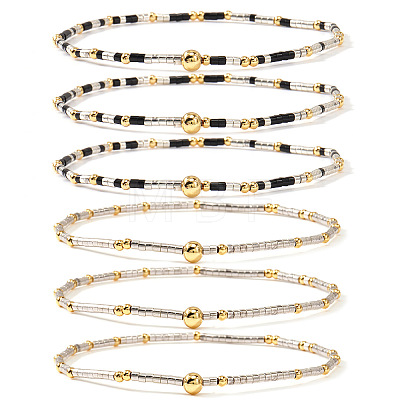 6Pcs Handmade Glass Seed Bead & Brass Beads Stretch Bracelets XZ6120-6-1