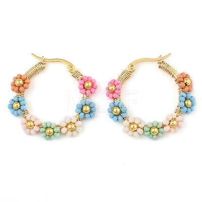 304 Stainless Steel & Bohemian Beaded Flower Hoop Earrings for Women EJEW-R001-02G-01-1