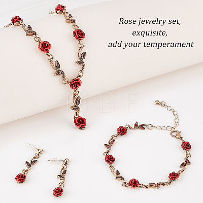 ANATTASOUL Siam Rhinestone Rose Flower Dangle Stud Earrings & Link Chain Bracelet & Lariat Necklace SJEW-AN0001-13-1