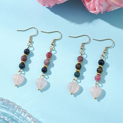 Valentine's Day Natural Multicolor Tourmaline & Natural Rose Quartz Dangle Earrings for Women EJEW-JE06955-1