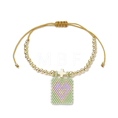 Glass Seed Rectangle with Heart Charm Bracelet BJEW-MZ00033-1