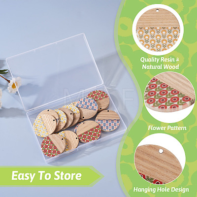16Pcs 4 Colors Printed Resin & Wood Pendants WOOD-BT0001-13-1