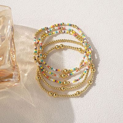 5Pcs 5 Styles Brass & Glass Beads Stretch Bracelets LM8545-1-1