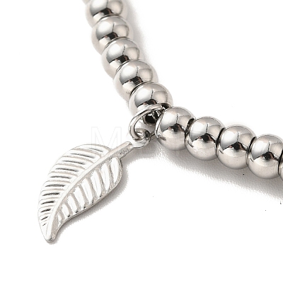 304 Stainless Steel Leaf Charm Bracelet with 201 Stainless Steel Round Beads for Women BJEW-B057-18P-1