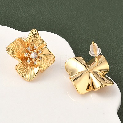 Brass Micro Pave Clear Cubic Zirconia Flower Stud Earrings EJEW-D337-04G-1