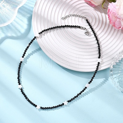 Natural Freshwater Shell Star and Faceted Round Natural Black Spinel Beaded Necklaces for Women NJEW-JN05667-1