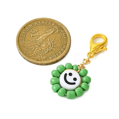 Flat Round with Smiling Face Glass Seed Pendant Decorations HJEW-MZ00093-1