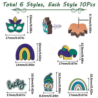SUNNYCLUE 60Pcs 6 Styles Saint Patrick's Day Wood Stud Earrings EJEW-SC0001-42-1