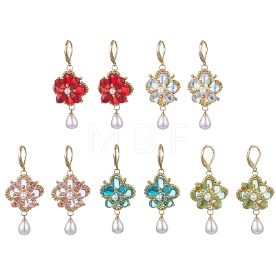 Flower with Teardrop Glass Beads Dangle Earrings EJEW-MZ00670-1