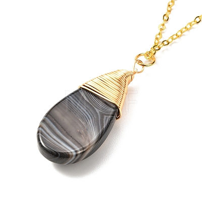 Brass Wire Wrapped Teardrop Natural Black Agate Pendant Necklace & Dangle Earrings SJEW-JS01219-1