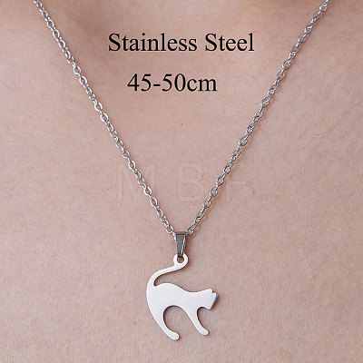 Non-Tarnish 201 Stainless Steel Cat Pendant Necklace NJEW-OY001-06-1