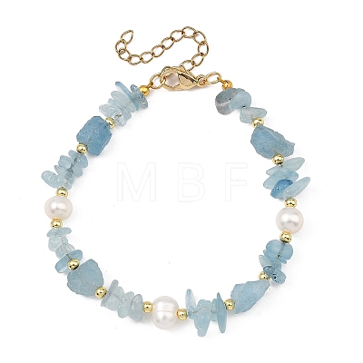 Raw Rough Natural Aquamarine Chip & Cultured Freshwater Pearl Beaded Bracelets for Women BJEW-JB13971-1