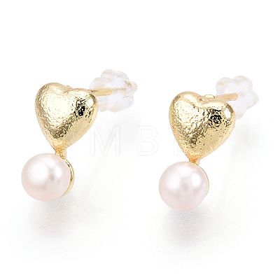 Brass Heart & Natural Pearl Stud Earrings PEAR-N020-04E-1