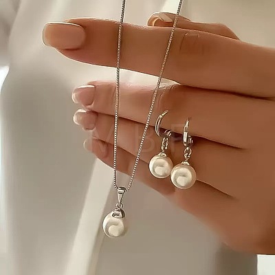 Round Alloy with Plastic Pearl Round Bead Hoop Earring & Pendant Necklaces Sets FS-WG8597C-06-1