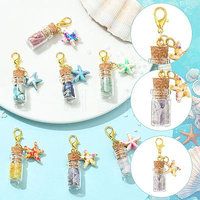 7Pcs 7 Colors Glass Wishing Bottle & Gemstone Chip & Synthetic Turquoise Starfish Pendant Decorations HJEW-FS00112-1