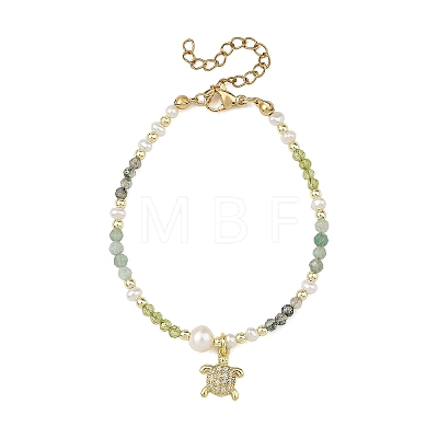 Gradient Natural Peridot & Moss Agate & Green Aventurine Faceted Round Beaded Necklaces with Natural Pearl BJEW-JB14399-01-1