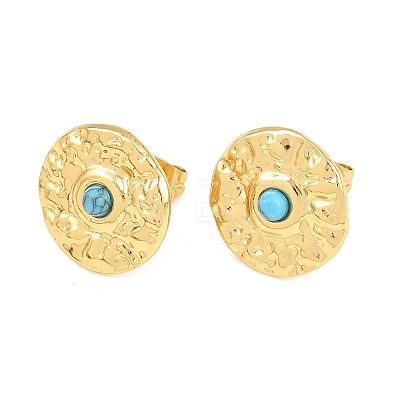 304 Stainless Steel Synthetic Turquoise Center Textured Round Stud Earrings for Women SA-CBAB549-03G-1