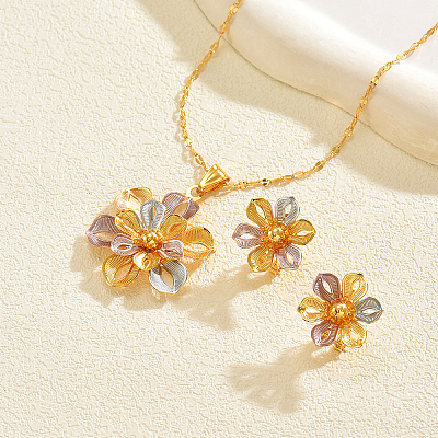 Vintage Brass Flower Stud Earrings & Pendant Necklaces Sets for Women GY5333-1