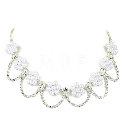 Plastic Pearl Beaded Flower Tassel Iron Crystal Rhinestone Tennis Bib Necklaces for Women NJEW-JN06129-1