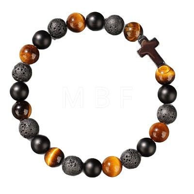 Natural Tiger Eye & Lava Rock & Black Stone Round Beads Stretch Bracelets LL8667-1