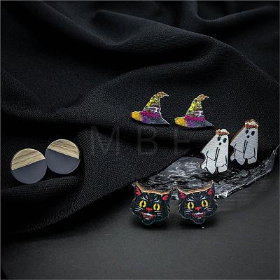 Halloween Whitch Hat Ghost Cat Wood Stud Earring Sets EJEW-OY002-03-1