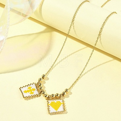 Rectangle with Cross & Heart Glass Seed Beaded Pendant Necklace NJEW-MZ00015-01-1
