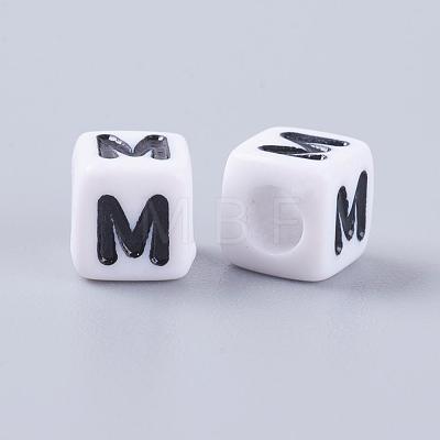 White Letter M Acrylic Cube Beads X-PL37C9308-M-1