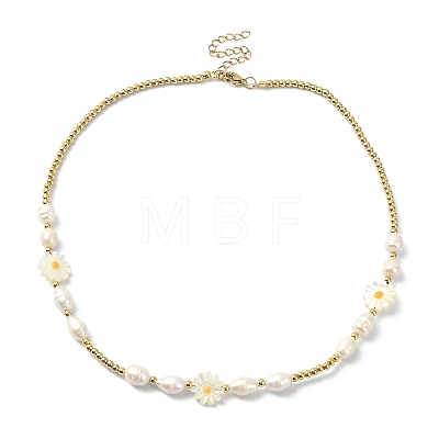 Shell Pearl Flower & Alloy Round Beaded Necklace NJEW-TA00128-1