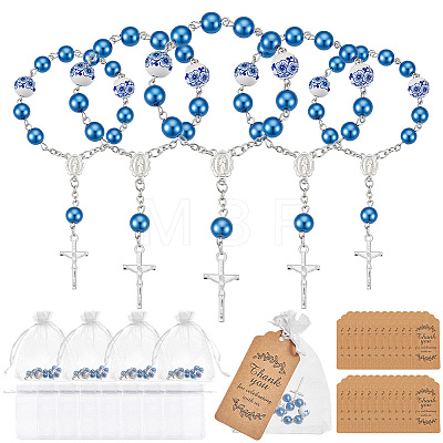 50Pcs Plastic Imitation Pearl and Porcelain Round Link Metal Virgin Cross Charm Rosary Bracelets BJEW-WA0001-07A-1