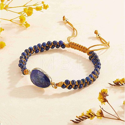 Natural Lapis Lazuli Teardrop Link Braided Bead Bracelet BJEW-SZ0002-54B-1