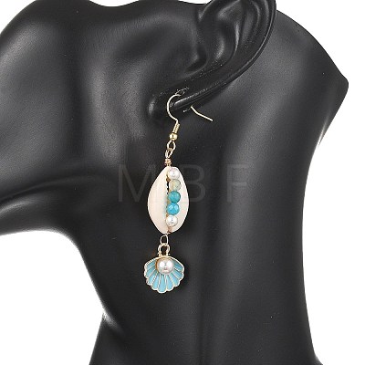 Natural Agate & Cultured Freshwater Pearl & Cowrie Shell Beads Dangle Earrings EJEW-JE07200-1