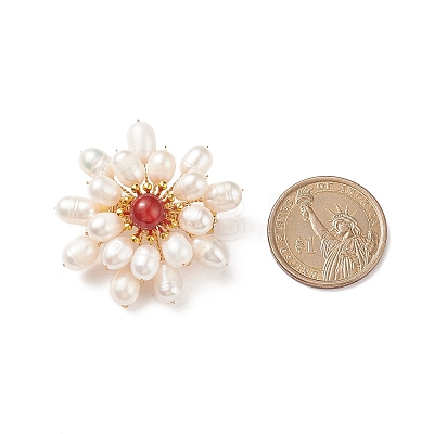 Natural Carnelian & Pearl Braided Bead Flower Lapel Pin JEWB-TA00006-02-1