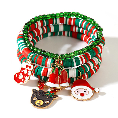 Christmas 304 Stainless Steel Enamel Reindeer & Santa Claus & Christmas Bell Charm Bracelets LQ5841-2-1