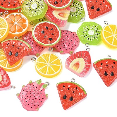 35Pcs 7 Styles Fruit Theme Spray Painted Opaque Resin Pendants RESI-YW0006-09-1