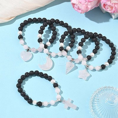 Natural Madagascar Rose Quartz & Lava Rock & Shell Pearl Charm Bracelets BJEW-JB13707-1