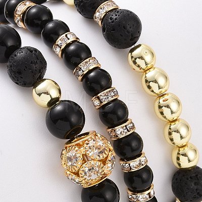 3Pcs 3 Style Natural Obsidian & Lava Rock & Brass Beaded Stretch Bracelets Set BJEW-JB09132-1