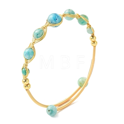 Herringbone Wire-Wrapped Natural Hemimorphite Brass Cuff Bangles BJEW-JB14039-02-1
