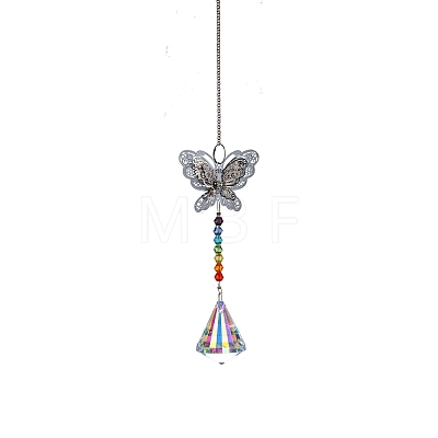 Glass Prisms Sun Catcher Hanging Prism Ornaments with Iron Butterfly HJEW-PW0002-14F-1