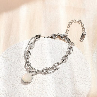 304 Stainless Steel Coffee Bean & Cable Cahin Charm Bracelets for Women BJEW-U024-01P-1