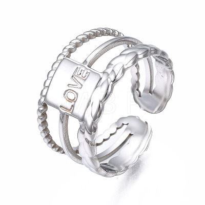 304 Stainless Steel Rectangle with Word Love Open Cuff Ring RJEW-T023-39P-1