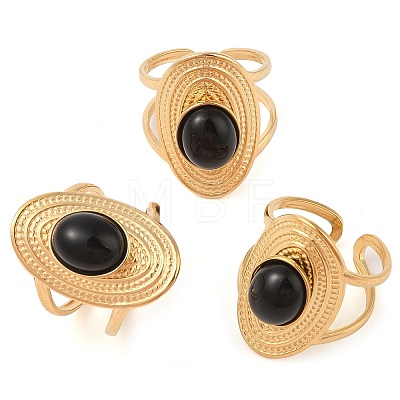 Oval Natural Black Agate Finger Rings RJEW-Z057-14G-010-1