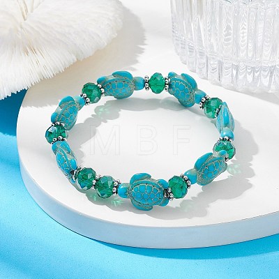 Synthetic Turquoise Turtle & Glass Beaded Stretch Bracelet BJEW-JB09763-1