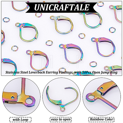 Unicraftale 50Pcs Rainbow Color 304 Stainless Steel Leverback Earring Findings STAS-UN0038-46-1