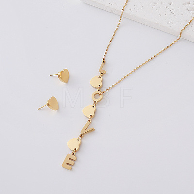 304 Stainless Steel Stud Heart Earrings & Letter LOVE Tassel Necklaces Sets for Women IY3689-4-1