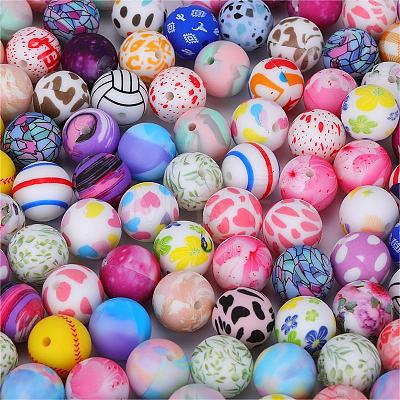 Printed Round with Flower Pattern Silicone Focal Beads SI-JX0056A-160-1