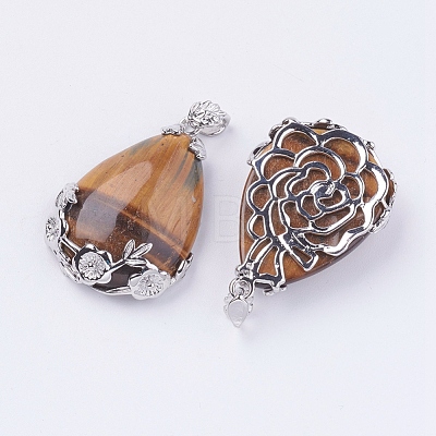 Teardrop with Flower Platinum Plated Brass Natural Tiger Eye Pendants G-F228-37E-RS-1