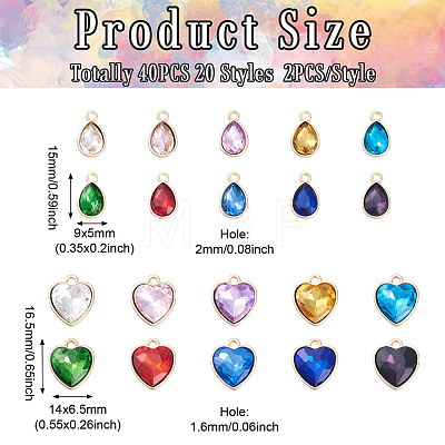  40Pcs 20 Styles Faceted Glass Rhinestone Pendants GLAA-TA0001-44-1