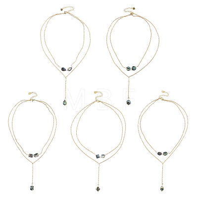 Natural Paua Shell Geometric Y Pendant Brass Double Layered Necklaces NJEW-JN06532-1
